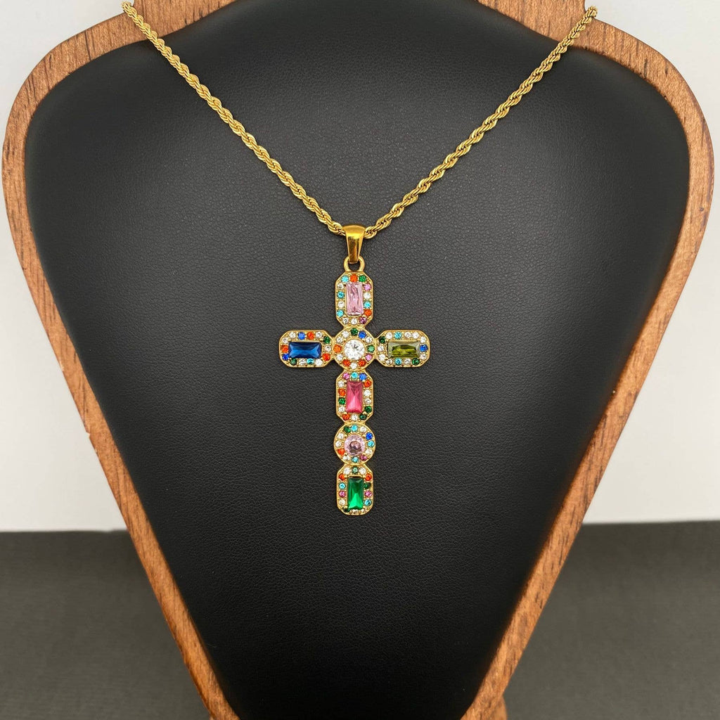 Zircon Inlaid Cross 18K Gold Plated S.Steel Necklace - FGS