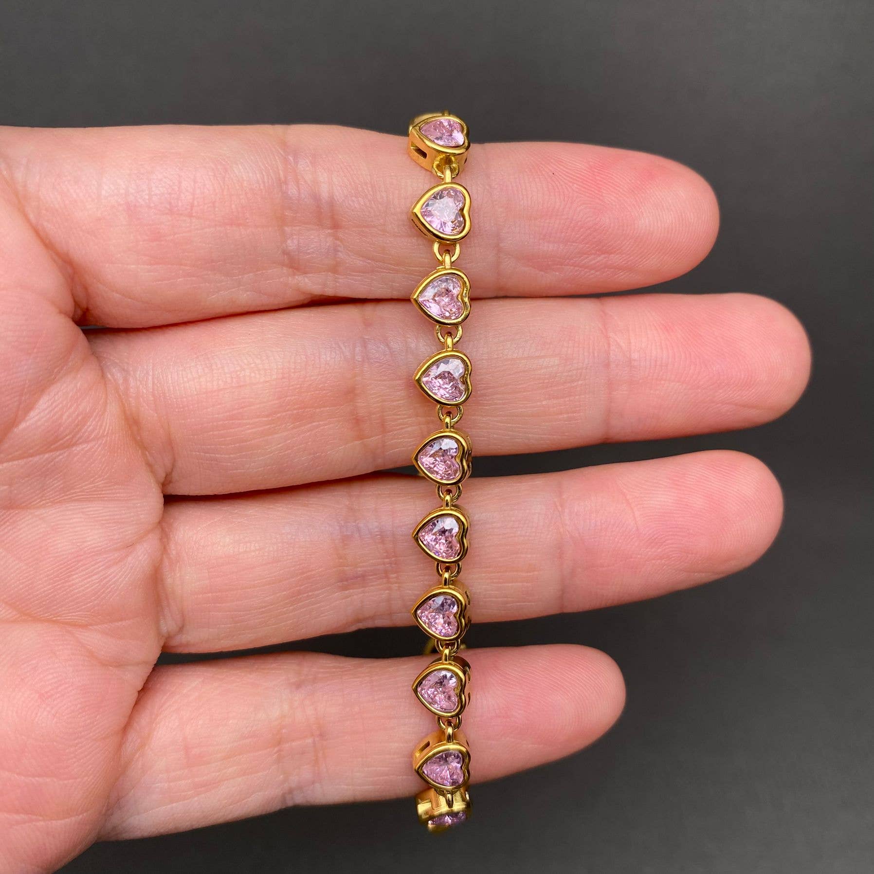 Pink Heart Zircon Linked 18K Gold Plated SS Bracelet - FGS