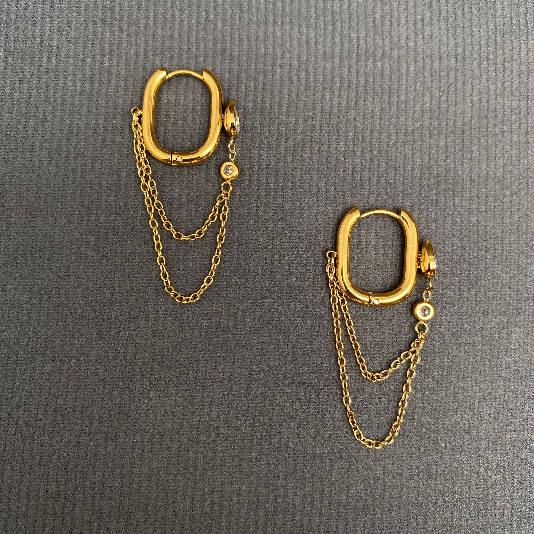 Chain fringe Zicon inliad 18K Gold Plated SS Earrings - FGS