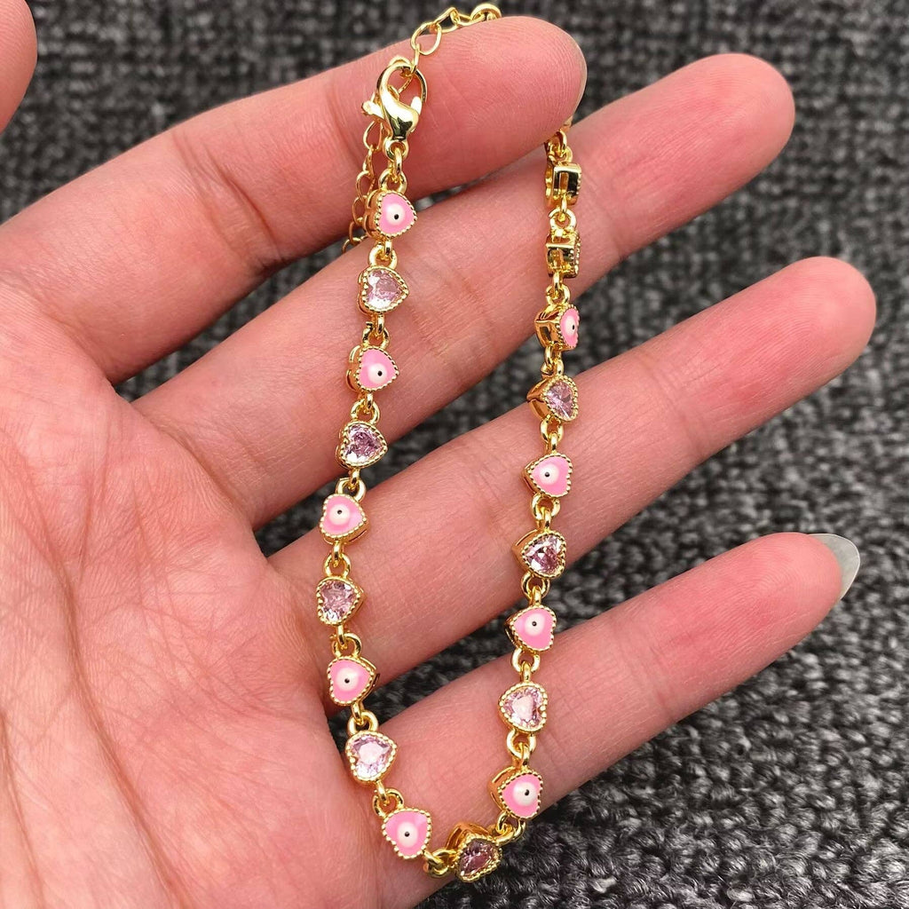 Heart Zircon Enamel Evil Eyes Linked 18K Gold Plated Bracelets