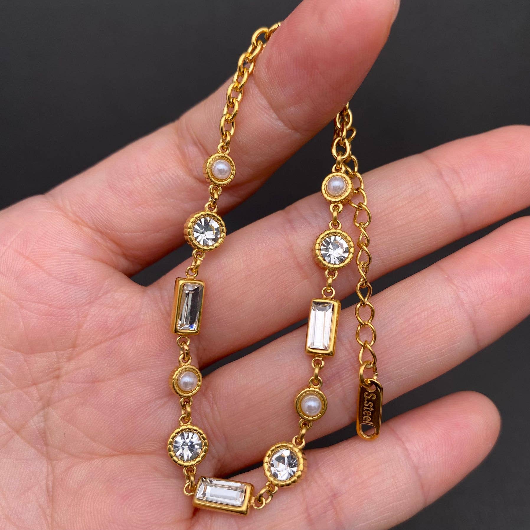 White Zircon Inlaid 18K Gold Plated S.Steel Bracelet -FGS