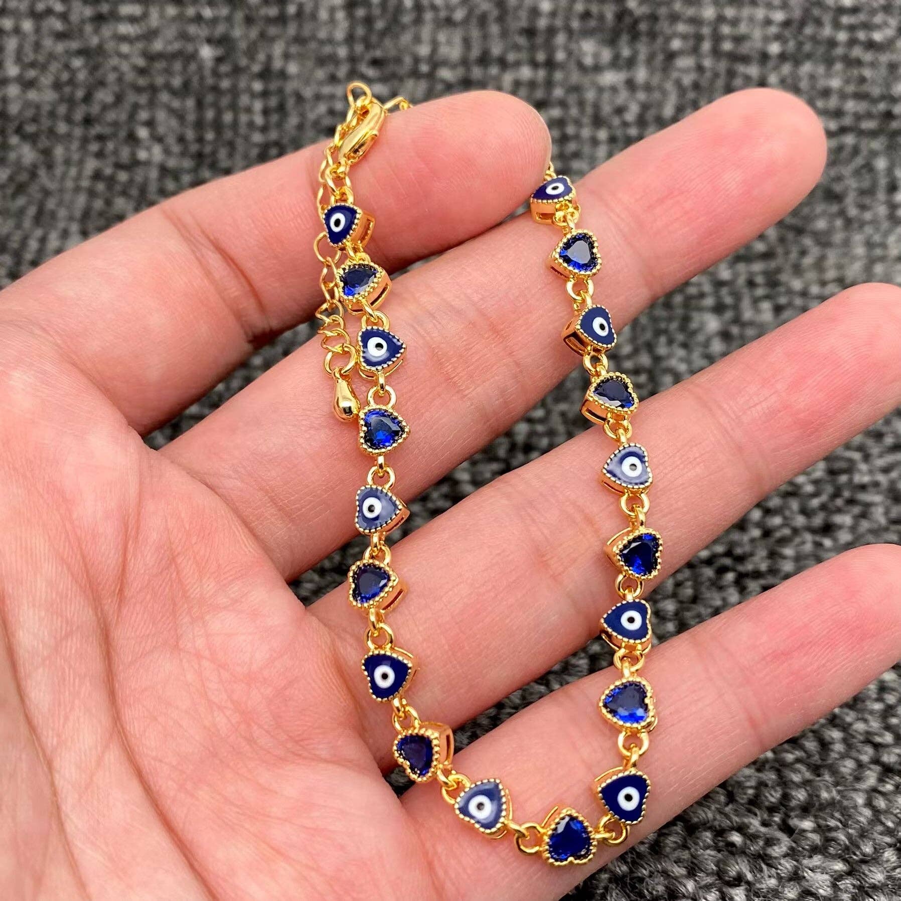 Heart Zircon Enamel Evil Eyes Linked 18K Gold Plated Bracelets